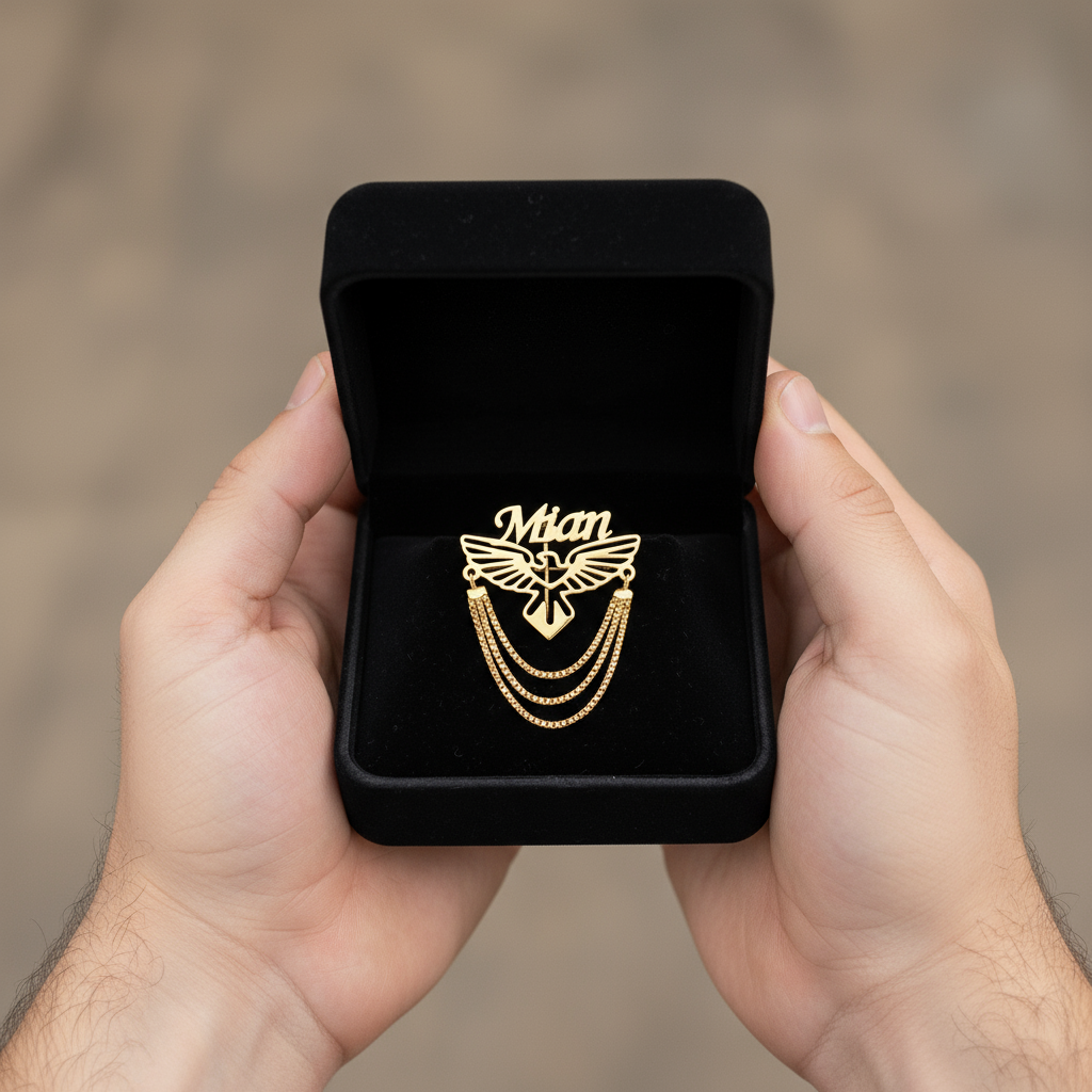 Eagle Emblem Custom Name Brooch with Chain