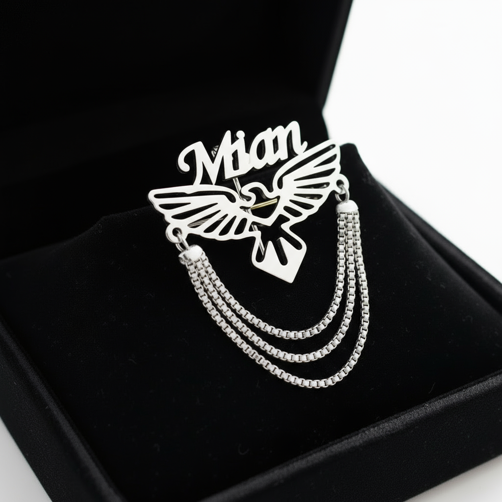 Eagle Emblem Custom Name Brooch with Chain