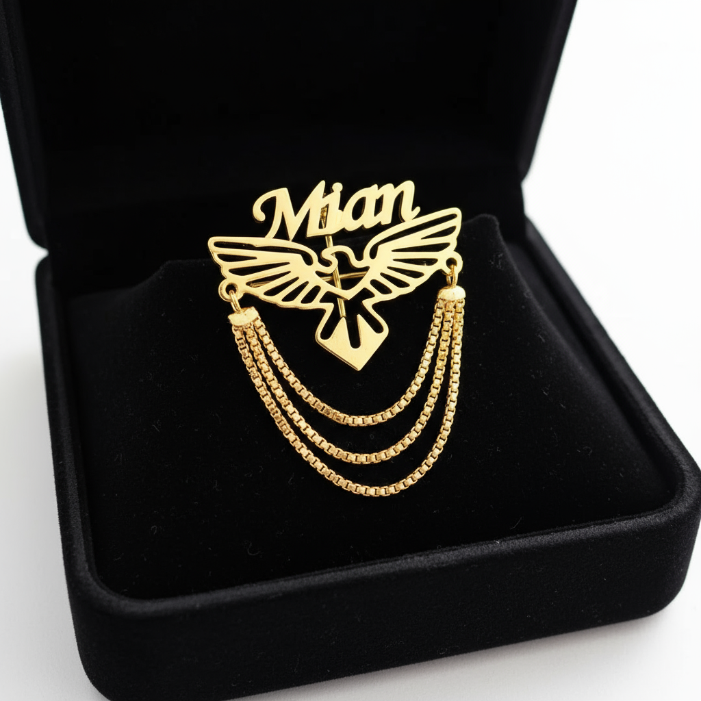 Eagle Emblem Custom Name Brooch with Chain