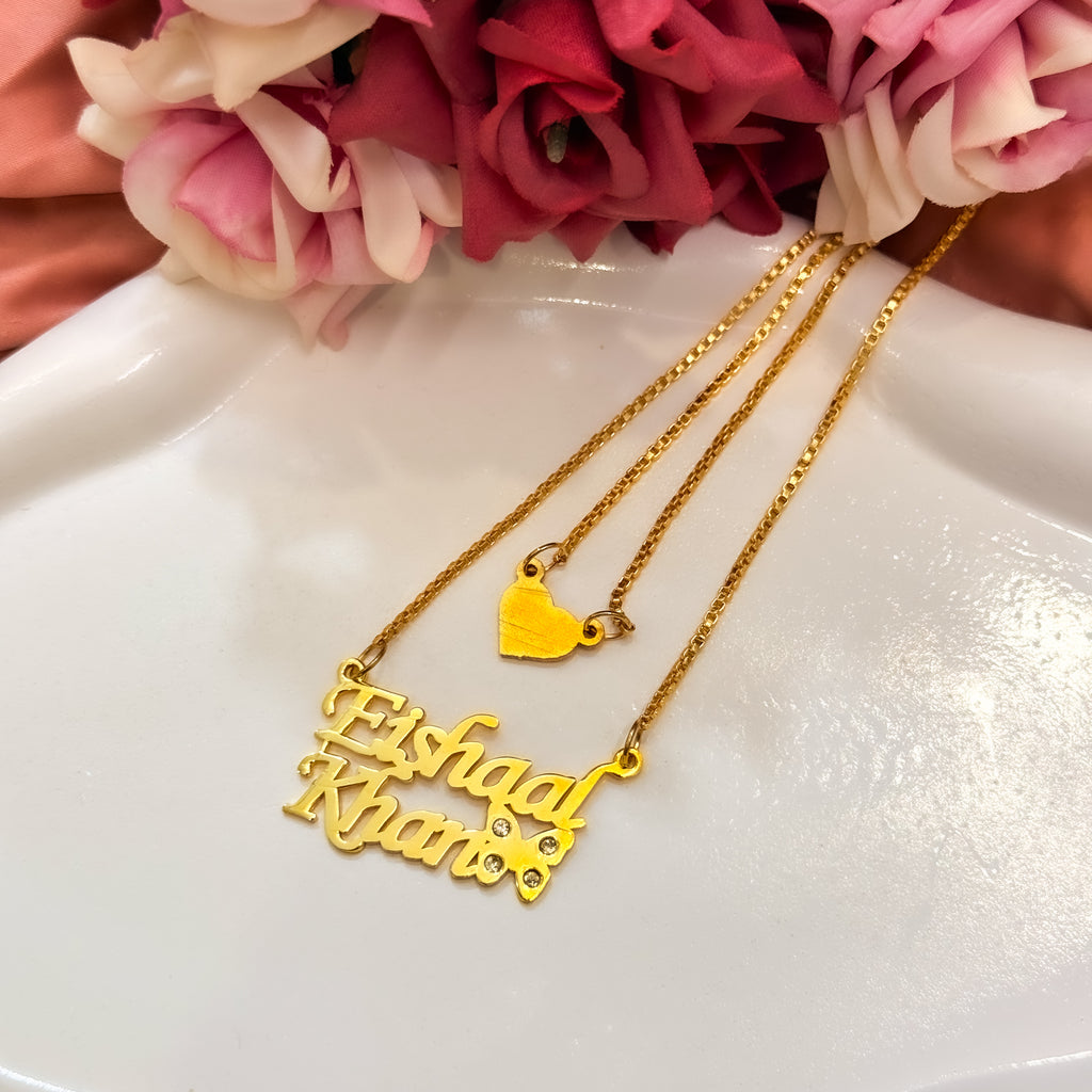 Double Chain Butterfly Heart Custom Name Necklace