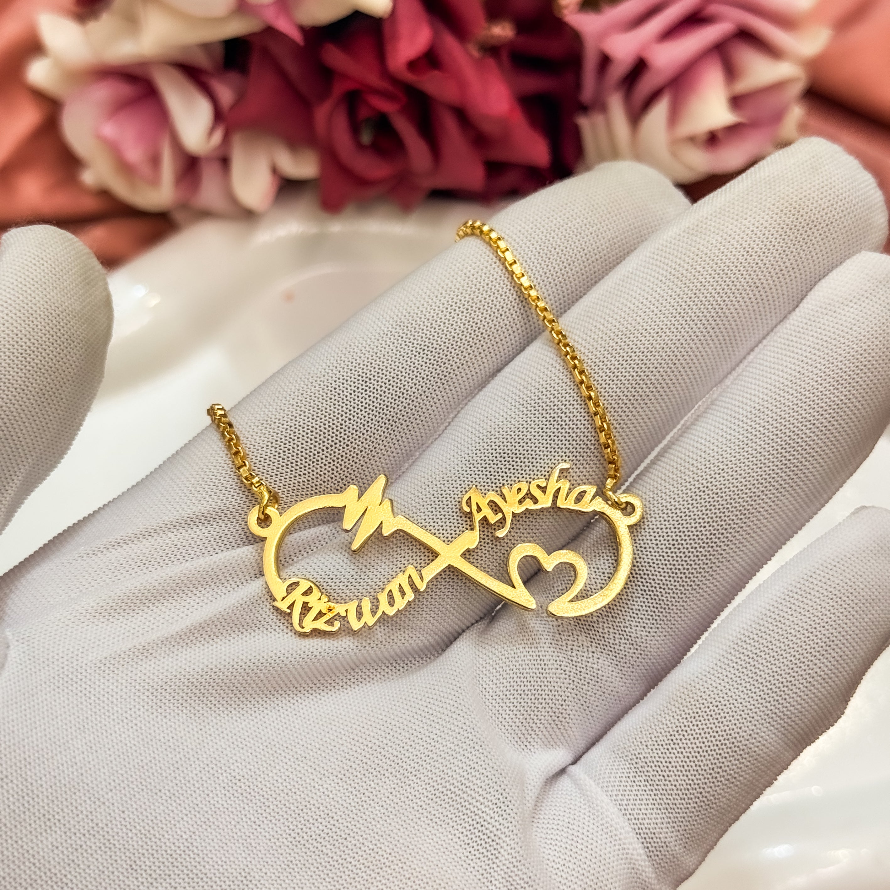 Infinity Heartbeat Couple Name Necklace